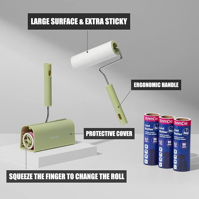 Extra Sticky Large Surface Lint Roller, 6.3''Wide Roller for Pet Hair | Long Handle Lint Remover for Couch, Furniture, Clothes, Dog & Cat Hair Remover (1 Roller + 360 Sheets)