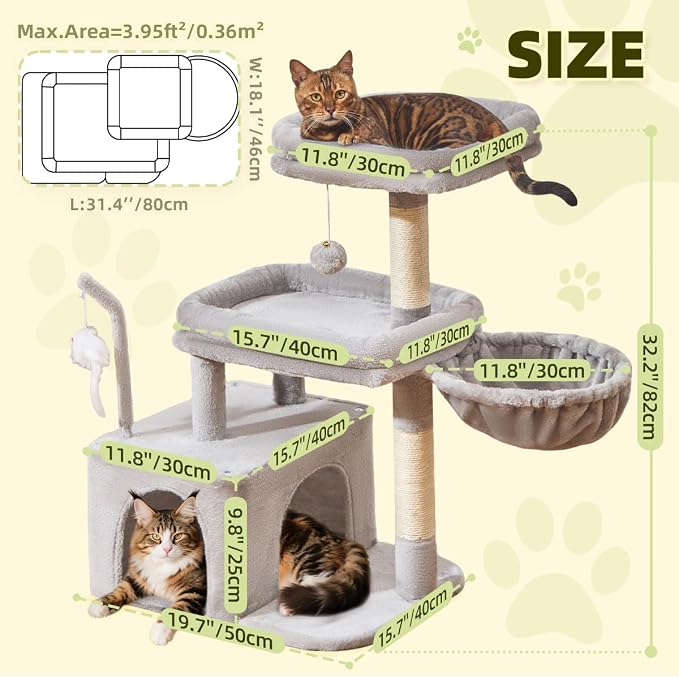 Taoqimiao 32.2in Cat Tree with Toy, Small Cat Tower for Indoor Cats, MS043W | Easy assembly, Sturdy, Multi Level, Easy Clean, Cozy Condo, Perches, Baskets, Suitable for Kittens and Adult Cats