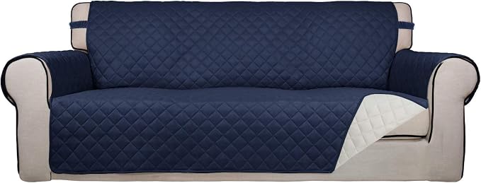 PureFit Reversible Quilted Sofa Cover, Water Resistant Slipcover Furniture Protector, Washable Couch Cover with Non Slip Foam and Elastic Straps for Kids, Dogs, Pets (Sofa, Navy/Ivory) Large | Navy/Ivory, Water Resistant Couch Protector, Washable Pet C...