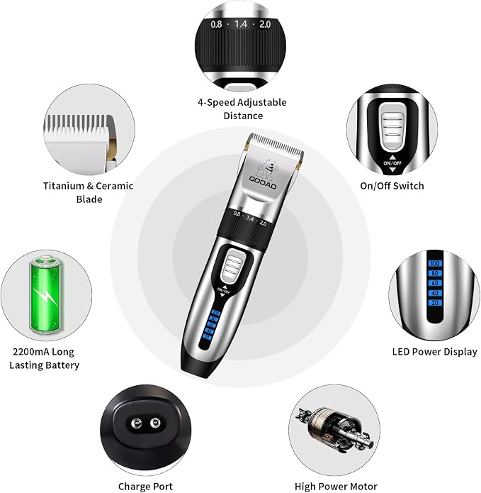 Professional Quiet Cat Clippers & Dog Grooming Kit | 250Min Cordless Pet Shaver,Low Noise Pet Hair Trimmer for Grooming,2in1 Wide & Narrow Blades,4 Combs,Scissors & Glove(Silver)