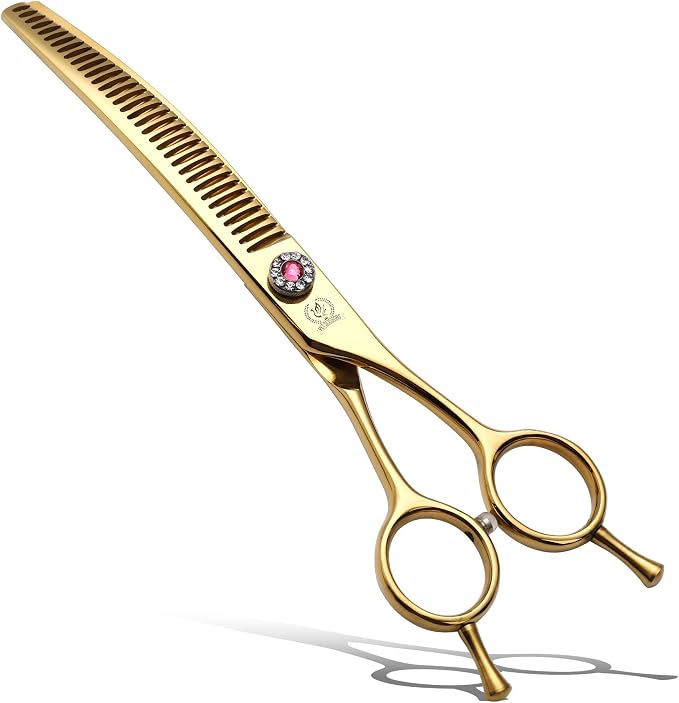 Professional Dog Grooming Scissors Pet Curved Chunker Shears 7.0'' Extremely Sharp Blades 440C Steel Thinning Scissors Durable Smooth Motion & Fine Cut for Dogs and Cats(Gold)