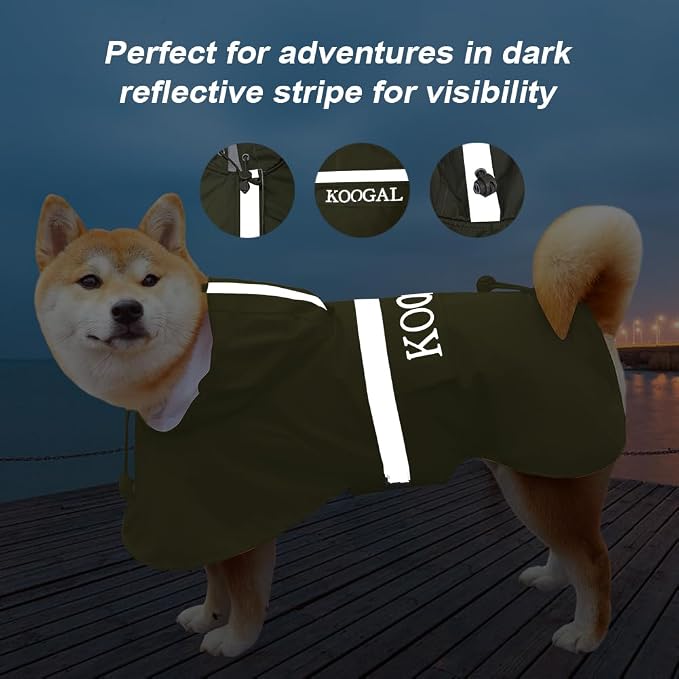 Green Waterproof Raincoat, 2XL for Small Dogs, Adjustable, Windproof, Reflective Strips