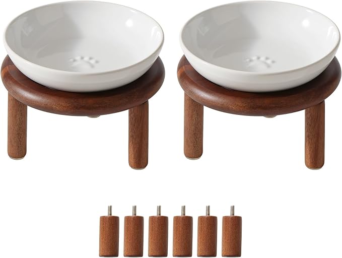 Havniva Elevated Cat Bowls, Ceramic Cat Bowl with Wood Stand, Wide Opening | 5.7” Raised Cat Food Bowls, Whisker Friendly Cat Dish, Anti-Slip Cat Water Bowls, Shallow Cat Bowls, Cat Food & Water Bowl