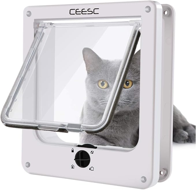 CEESC Medium Cat Door for Interior/Exterior, for Pets <15.75", White | Rotary 4-Way Lock, Weatherproof, Fits doors 1.26-2.14", Adjustable tunnel depth, Upgraded version