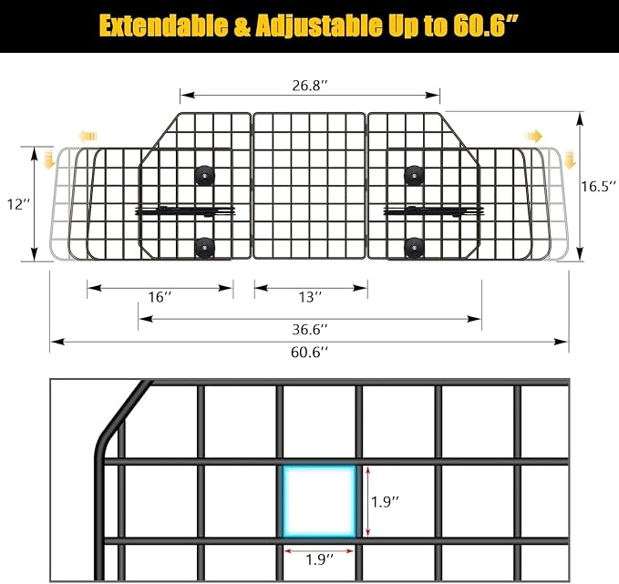 Gtongoko Dog Car Barrier for SUV, Heavy Duty Steel Wire Mesh Pet Divider for Vehicles Adjustable Universal Fit Dog Travel Barrier for Cars Trucks & SUVs, Cargo Area Safety Gate with Elastic Ropes