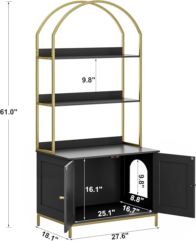 Homhedy Cat Litter Box Enclosure with 2-Tier Shelves, Black and Gold | Litter Box Furniture Hidden, Indoor Cat House, Wooden Cat Washroom Furniture with Metal Frame, Modern Style
