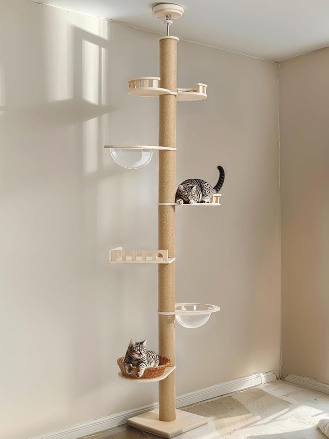 Veehoo Floor to Ceiling Cat Tree,106-123" Adjustable Tall Tension Cat Tower | 4.5" Sturdy Thickened Scratching Posts, Space-Saving, 7 Tier Climbing Pole, No Drilling, Corner Tree for Indoor Cat, Wood