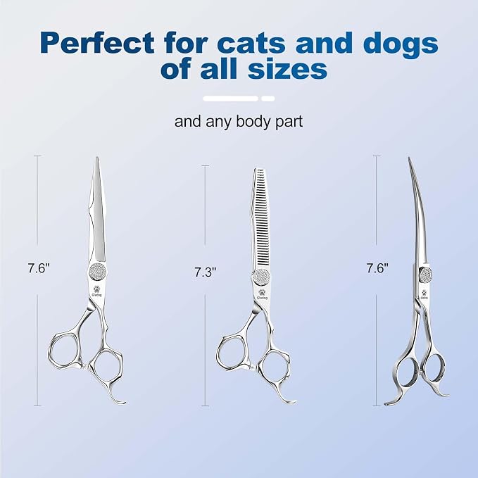 GLADOG Luxury Dog Grooming Scissors Set - 7" Straight, 6.5" Thinning, 7" Curved Dog Shears for Grooming - 9CR Steel, Professional Grooming Kit for Dogs