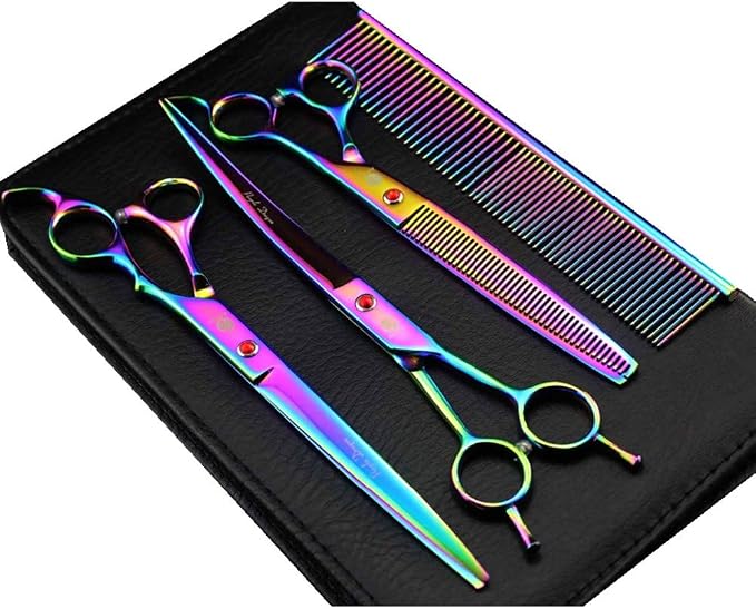 Purple Dragon 8 in Dog Grooming Scissors Set with Anti-Shock Bag - Rainbow | Japanese 440C Steel Pet Grooming Shears, Comfortable Grip, Includes Curved, Straight & Thinning Scissors with Silencer