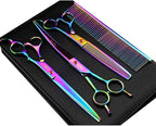 Purple Dragon 8 in Dog Grooming Scissors Set with Anti-Shock Bag - Rainbow | Japanese 440C Steel Pet Grooming Shears, Comfortable Grip, Includes Curved, Straight & Thinning Scissors with Silencer