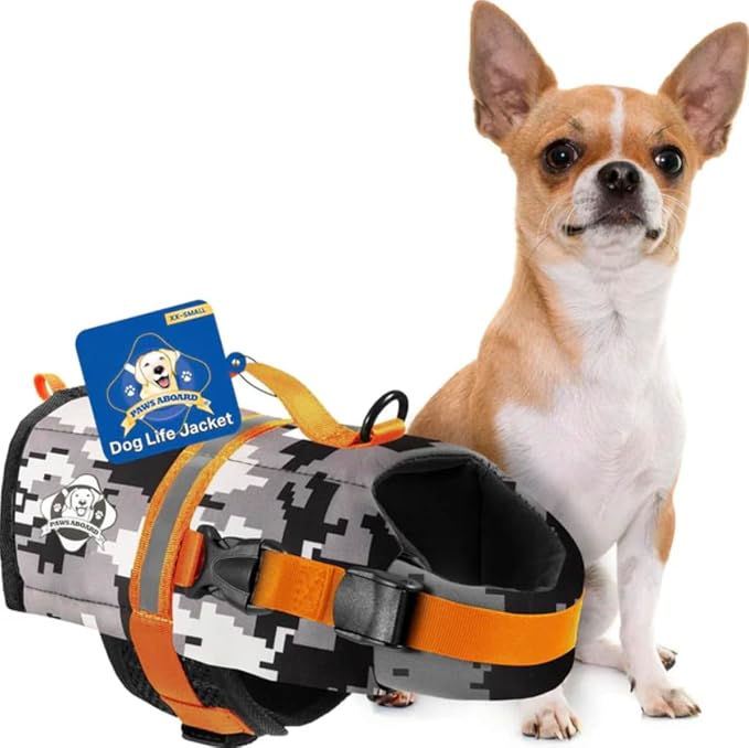Dog Life Jacket — Premium Swim Vest with SafeChin Anti-Choke Collar | PAWS Aboard Grey Camo | RapidLift Rescue Handle, D-Ring, Reflective Trim | Boating, Kayaking, Pool | XX-Small (Under 6 lbs)