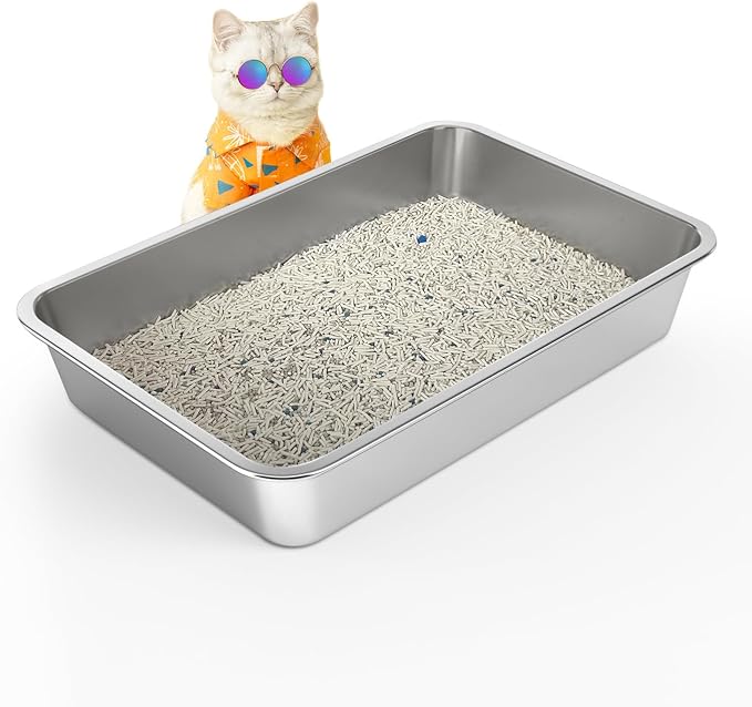 WENBOKMIN Stainless Steel Cat Litter Box - (19.5" L x 13.5" W x 4" H) | Non Slip, Easy to Clean, Never Absorbs Odor, Stains, or Rusts