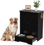 Dog Feeding Station with Storage Cabinet, Black Wood Dog Cabinet with 2 Elevated Stainless Steel Bowls, Hidden Pull-Out Feeder Drawer, Pet Feeding Station for Kitchen and Living Room
