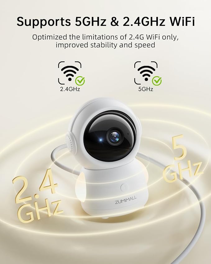 ZUMIMALL Security Camera Indoor, Baby Monitor with Camera and Audio | Pet/Dog/Cat Cameras, 5G/2.4G WiFi, 2K Wired, One-Click Call, Cry/PIR/AI Detection, Auto Tracking, Privacy, No Subscriptions