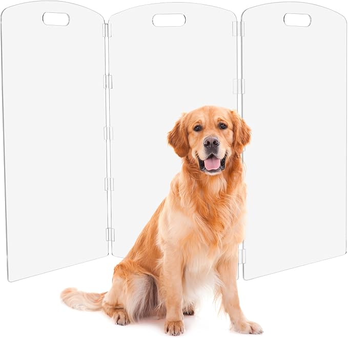 Modern Frame Clear Acrylic Freestanding Dog Gate - 32" Tall Folding 3-Panel Pet Barrier for Doorways, Stairs & Large Openings, Indoor Fence for Small to Large Dogs & Cats