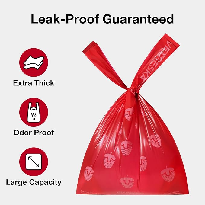 VETRESKA Dog Poop Bags with Handle 120 Count, Strawberry Scented Waste Bag | Leak-Proof Thick Dog Bags for Poop, Easy-Tie Large Poop Bags, 8 Refill Rolls for Dog Walking Cat Litter