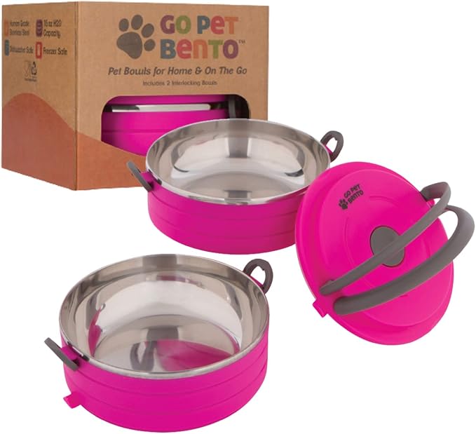 Healthy Human Travel Pet Bento Bowls - Human-Grade Stainless Steel & BPA-Free, Leak-Proof Water & Food Container Set for Dogs & Cats, 2-Pack Interlocking Bowls, Includes Spare Clips & Handle (Pink)