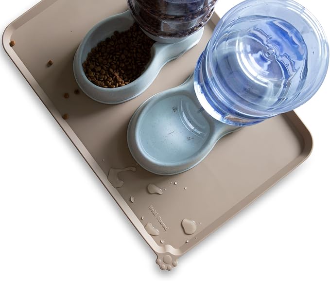 Hoki Found Large Silicone Pet Food Mats - Non Slip Dog & Cat Bowl Mats - Waterproof Tan