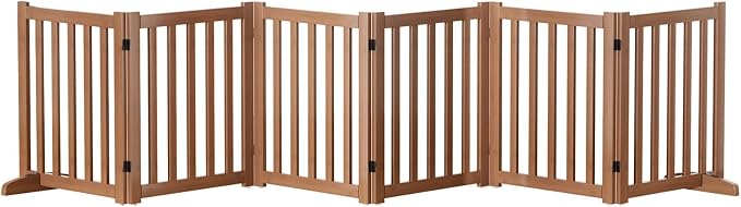 Wooden Freestanding Foldable Dog Gate, 24 Inch Height 6 Panel Pet Gate No Drill for Doorways Stairs, Fully Assembled Indoor Puppy Fence (Brown, 120" W x 24" H)