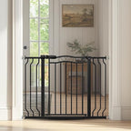 29.53"-43.30" Mornyray Auto-Close Baby Gate Extra Wide, Pressure Mounted Dog & Pet Gate for Stairs Doorways, No Drill Safety Barrier with Lace Design, Metal Child Proof Gate Indoor Outdoor, Black