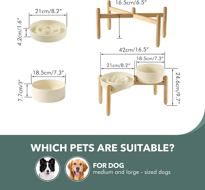Havniva Elevated Slow Feeder Dog Bowls, Ceramic Dog Bowl Slow Feeder Set | 1.6 Cups Raised Slow Feeding Bowl for Medium Breed, 7.3” Dog Water Bowl with Wooden Stand, Puzzle Dog Slow Feeder, Non-slip