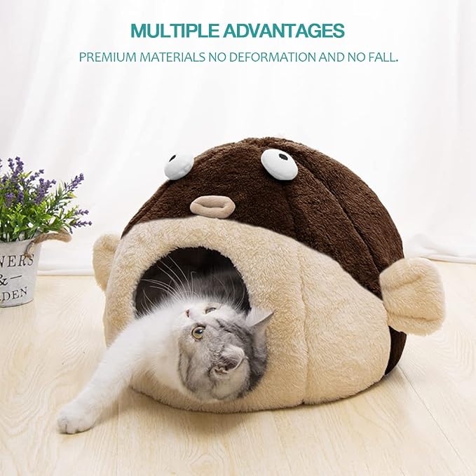 Cat Beds for Indoor Cats-Cat Bed Cave,Cute Lively Pufferfish Shape,Brown L | 2 in 1 Cats House for Kitten with Removable Washable Cushioned Pillow,Soft plush Cat Tent for cat Hideaway,Machine Washable