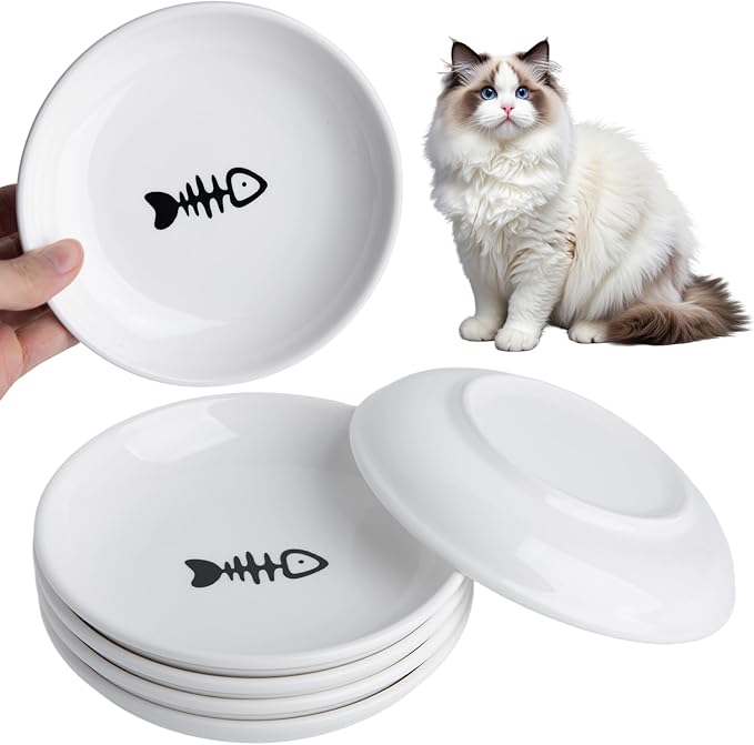 Cat Food Bowl Set of 6, Ceramic Cat Bowls, Anti Whisker Fatigue Cats Bowl Set,5.9 Inches Shallow Wide Kitten Plates for Wet/Dry Food, Indoor Pets (Fish Bone)