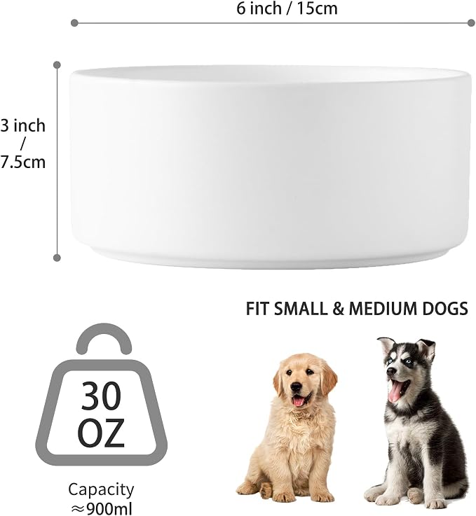 6'' Ceramic Dog Bowl - 30Oz Classic Dogs Food & Water Bowl for Small and Medium Breed Dogs, Heavy Duty Non-Slip Dog Dishes, Food Grade Stoneware Pet Bowl, Dishwasher & Microwave Safe, White