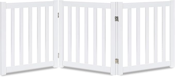 LZRS Wooden Free Standing Foldable Dog Gate Indoor – 60" W x 24" H,Step-Over Safety Pet Gate for Doorways, Stairs, Hallways, Indoor Dog Barrier for Small to Medium Dogs & Puppies, White