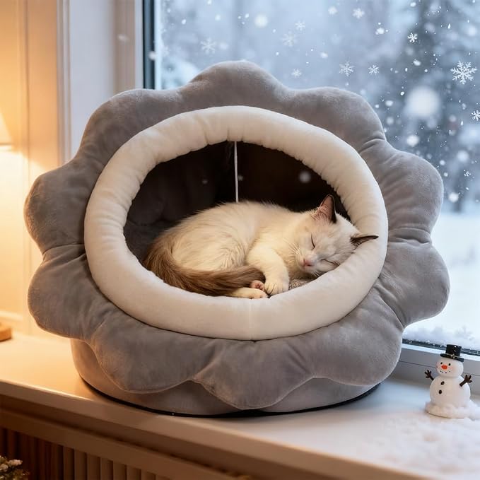 Cat Beds for Indoor Cats - Sun Flower Shaped Cute Cat Cave Bed,Gray L | Super Soft Plush Calming cat Tent house for Kitten&Puppy with Toy,Machine Washable&Thick and Removable Sushion,cat Hideaway