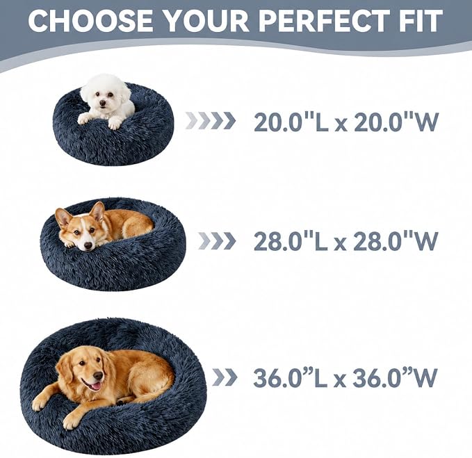 Calming Donut Pet Bed for Cats & Small Dogs, Ultra Soft Fluffy Anti Anxiety Cat Bed with Raised Rim, Washable Plush Round Puppy Bed for Indoor Cats, Kittens, Chihuahua & Yorkie (Deep Grey, 20 Inch)