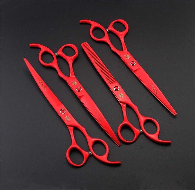 Purple Dragon 7.0 inch Dog Grooming Scissors Set with Silencer - Red | 4PCS Pet Grooming Shears Kit, Includes Curved, Straight & Thinning Scissors with Smooth Cutting and Comfortable Grip