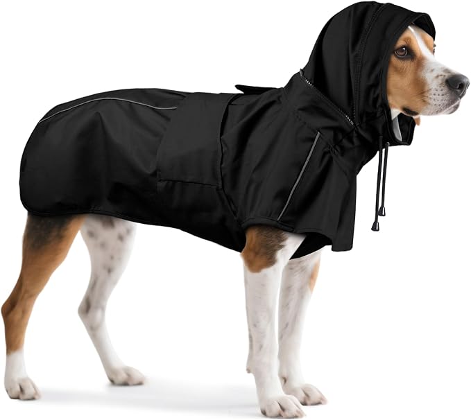 Dog Raincoat, Waterproof Dog Rain Jacket with Hood Black XL | Rain Coat For Medium Dogs, Doggy Poncho With Leash Hole, Reflective Strips, For Rainy Snowy Weather Walks, Hiking, Camping