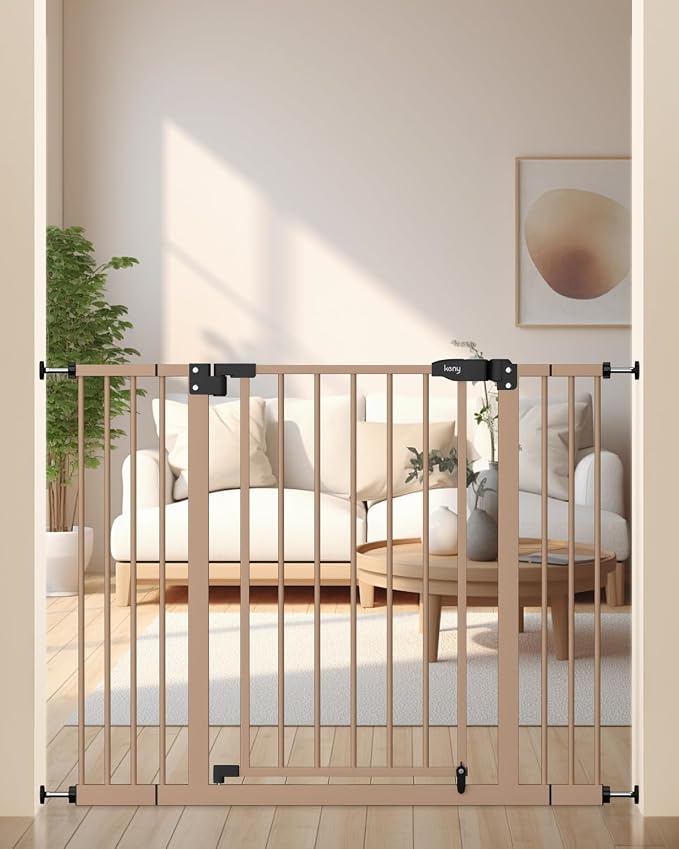 keny 29"-42.5" Baby Gate for Stairs, Auto Close Safety Dog Gate | Pressure Mounted Easy Walk Through Pet Gate for Doorways, Durable Stair Gate, 30" Tall, Brown