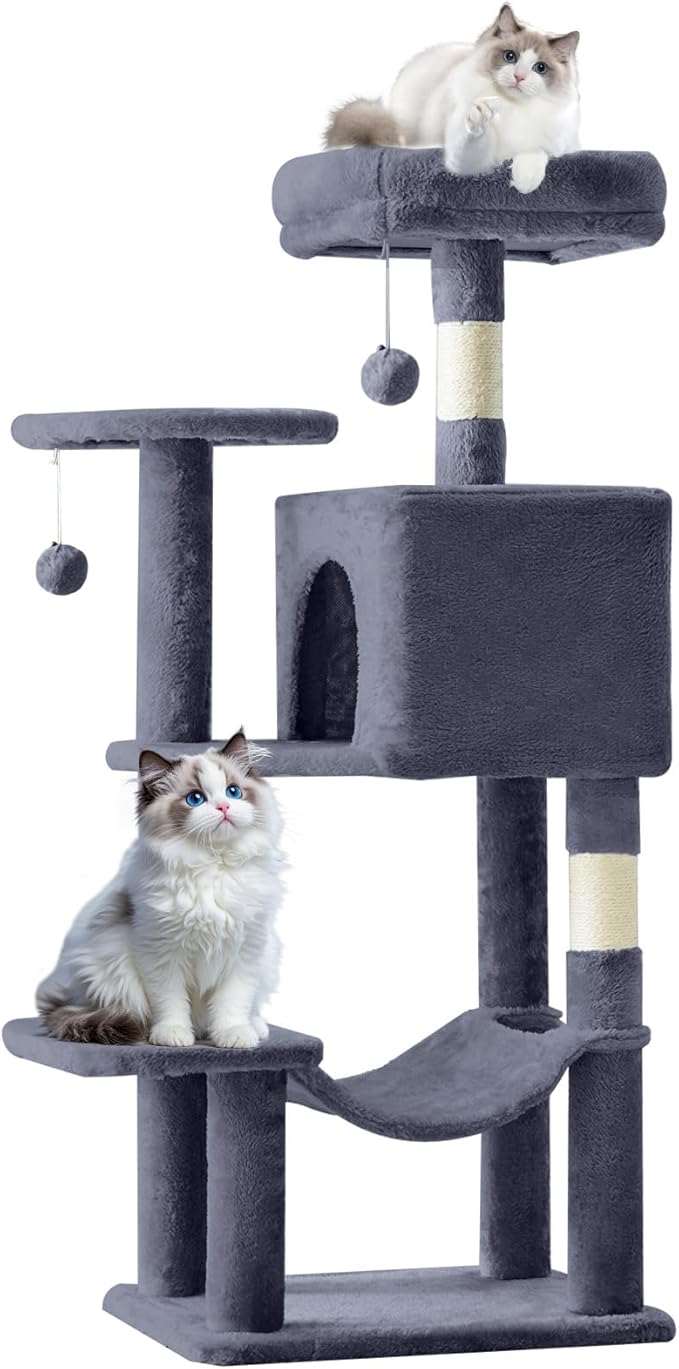 Cat Tree Tower 44 Inch for Indoor Kittens and Cats, Grey | Small Cat Tower with Condo, Hammock, Sisal Scratching Posts, Extended Perch