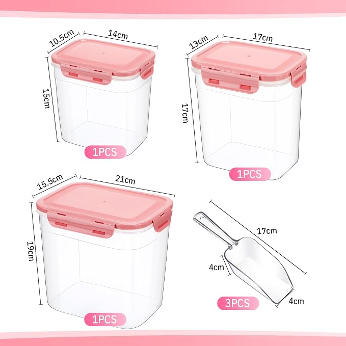 Patelai 6 Pcs Dog and Cat Food Storage Containers with Scoops Set Plastic Pet Food Storage Containers Stackable Airtight Dry for Kitchen 1.27 Qt, 2.4 Qt, 4 Qt(Pink)