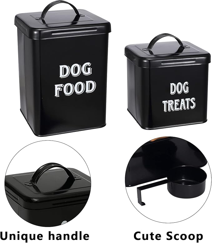 Morezi Dog Food Storage Container Farmhouse Pet Food Treats Holder with Lid and Scoop, Perfect Sturdy Canister Tins for Kitchen Countertop, Shelf, Great Gift for Pet Owners, 5 lbs Capacity - Black