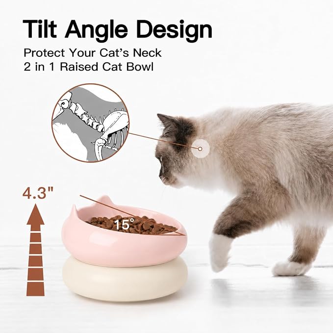 Cat Bowls, Ceramic Cat Bowls Food and Water Bowl Set, Whisker Friendly Cute Kitten Food Bowls for Protecting Pet's Spine, Perfect for Dry & Wet Food, Pink & Beige