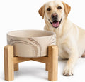 hjn Elevated Ceramic Dog Bowl with Bamboo Stand, Raised Pet Feeding Station for Small Medium Dogs Cats, Modern Design with Anti-Slip Base (Marble Brown, 7.6Cup)