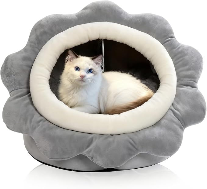 Cat Beds for Indoor Cats - Sun Flower Shaped Cute Cat Cave Bed,Gray L | Super Soft Plush Calming cat Tent house for Kitten&Puppy with Toy,Machine Washable&Thick and Removable Sushion,cat Hideaway