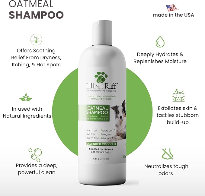 Lillian Ruff PRO Formula Deodorizing Oatmeal Dog Shampoo - Calms Itching & Allergies, Ultra-Nourishing Dry Skin Relief - Oatmeal, Aloe, Coconut Oil, Lavender & Provitamin B5 - Made in USA (16oz)