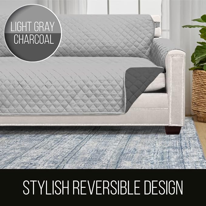 Sofa Shield® Couch Recliner Covers for Dogs, Reversible Furniture Protector with Strap, Stain and Tear Resistant Cushion Cover, 25 inch Seat, Machine Washable Slipcover Pets, Cats, Light Gray Charcoal