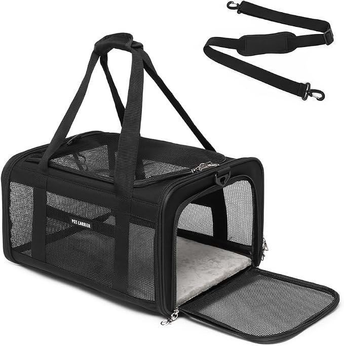 Airline Approved Pet Carrier for Cats and Small Dogs up to 15 lbs, Breathable Mesh and Collapsible Design, Portable Travel Bag for Bearded Dragon, Puppies Animal Hangbag, Rabbit Cage (Black, Small)
