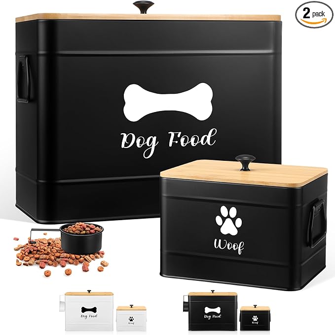 2Pcs Extra Large Metal Dog Food Containers Airtight 12 & 3.5 Lbs Dog Treat Snack Jars Set of 2 with Bamboo Lids and Spoons Farmhouse Big Pet Cookie Storage Jars for Kitchen Counter Gift(Black)