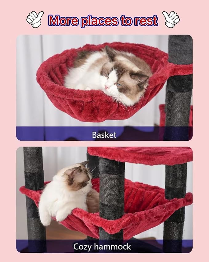 Gitelsnour Cat Tree, 74" Tower for Large Cats, Big Condo Hammock CCT030BR | Heavy duty, 3 Big Platforms, 2 Baskets, 2 Condos, Multi-Level Cat Scratching Posts, Indoor Cats Large Adult, Black and red