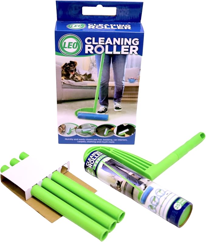 Leo 10-Inch Wide Lint Roller with Extendable Handle, Includes 1 Refill (25 Sheets), Extra Sticky for Pet Hair, Carpet & Floor Cleaning (1 Mega Roller)