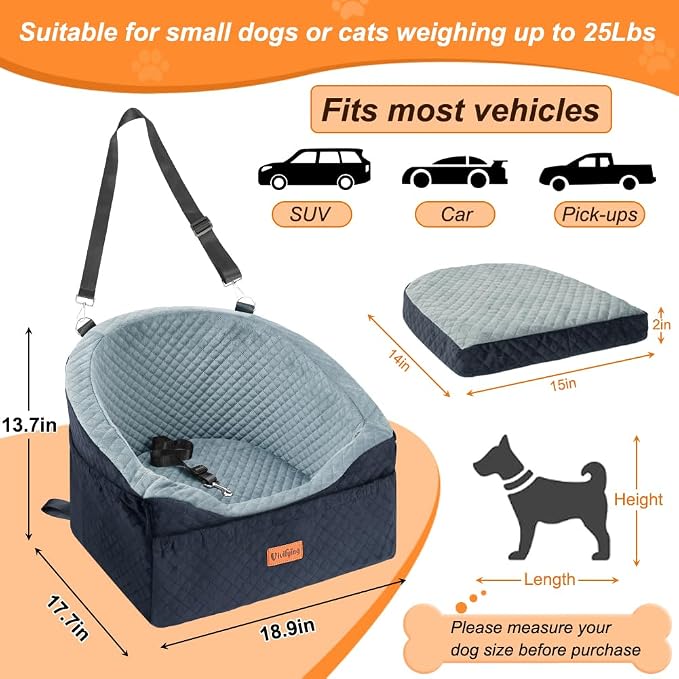 Vivifying Dog Car Seat for Small & Medium Dogs, Detachable & Washable Booster Seat for Pets Up to 25lbs, Travel Bed with Storage Pockets and Safety Belt – Gray&Black