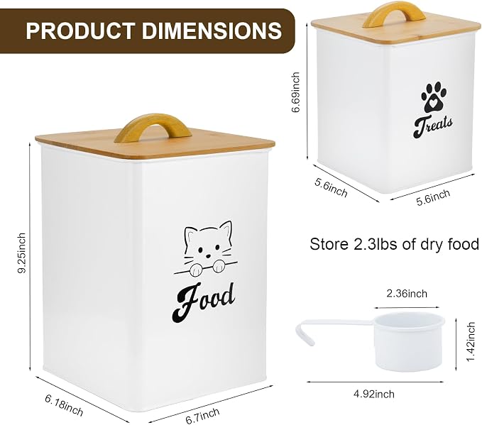 Cat Food Storage Container with Scoop, 2PCS Cat Food Storage Container with Lids Airtight, Cat Treat Jars for Kitchen Counter-7+3Lbs, Cat Cookie Jar for Storage, White