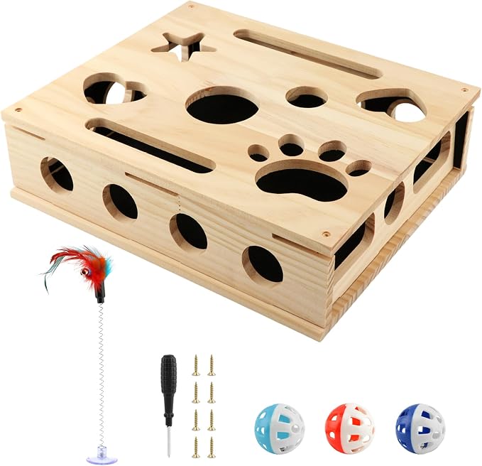 Cat Scratch Puzzle Enrichment Box, Wood Cat Nail File Box with Sandpaper Inside, Claw Care Toy for Indoor Cats with 3 Bell Balls & Teaser Wand, Alternative to Clippers & Grinders