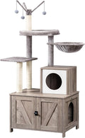 HOOBRO Cat Tree Tower with Litter Box Enclosure Indoor, Wooden Cat Condo with Scratching Posts, Litter Box Furniture Hidden, All-in-One Cat House, Greige BG15MZ03